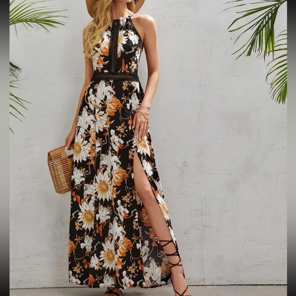 Boho Floral Print Criss Cross Lace Maxi Crochet Dress Cottagecore - Picture 6 of 9